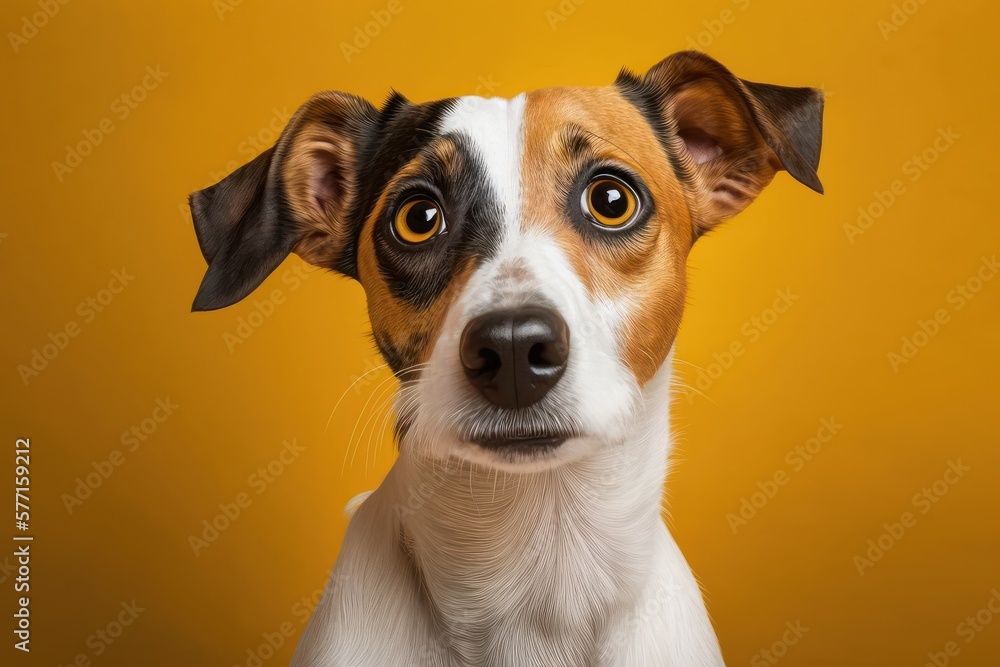 Curious interested dog looks into camera. Jack russell terrier closeup portrait on yellow background. Funny pet Curious interested dog looks into camera. Jack russell terrier closeup portrait on yellow background. Funny pet