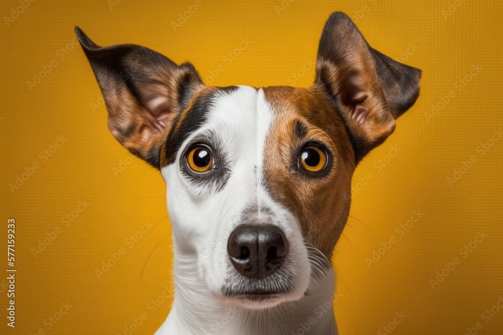 Curious interested dog looks into camera. Jack russell terrier closeup portrait on yellow background. Funny pet