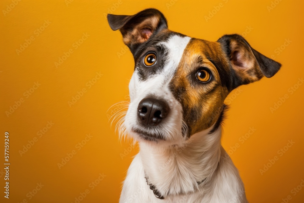 Curious interested dog looks into camera. Jack russell terrier closeup portrait on yellow background. Funny pet Curious interested dog looks into camera. Jack russell terrier closeup portrait on yellow background. Funny pet