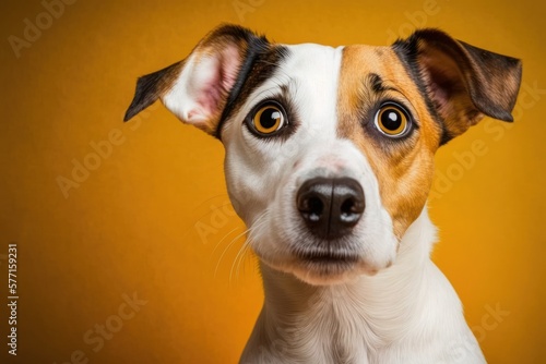 Curious interested dog looks into camera. Jack russell terrier closeup portrait on yellow background. Funny pet © OLKS_AI