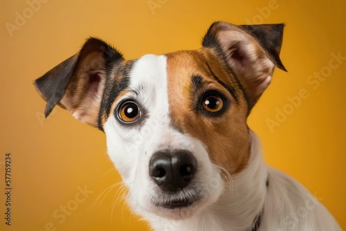 Curious interested dog looks into camera. Jack russell terrier closeup portrait on yellow background. Funny pet © OLKS_AI