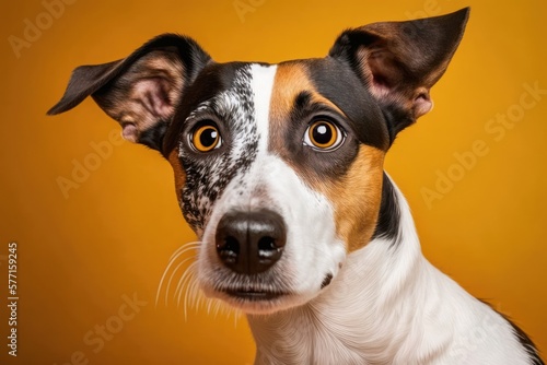 Curious interested dog looks into camera. Jack russell terrier closeup portrait on yellow background. Funny pet
