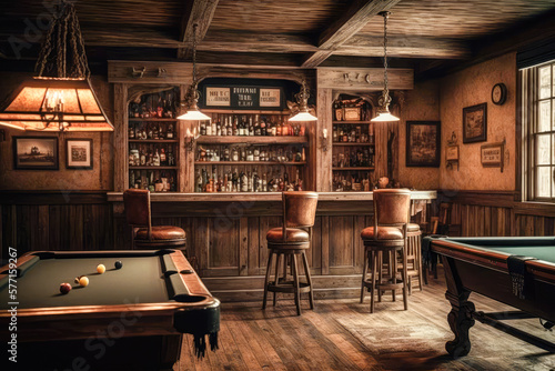 A cozy and rustic basement bar with a weathered pool table  showcasing the warm and inviting atmosphere of the space - Generative AI