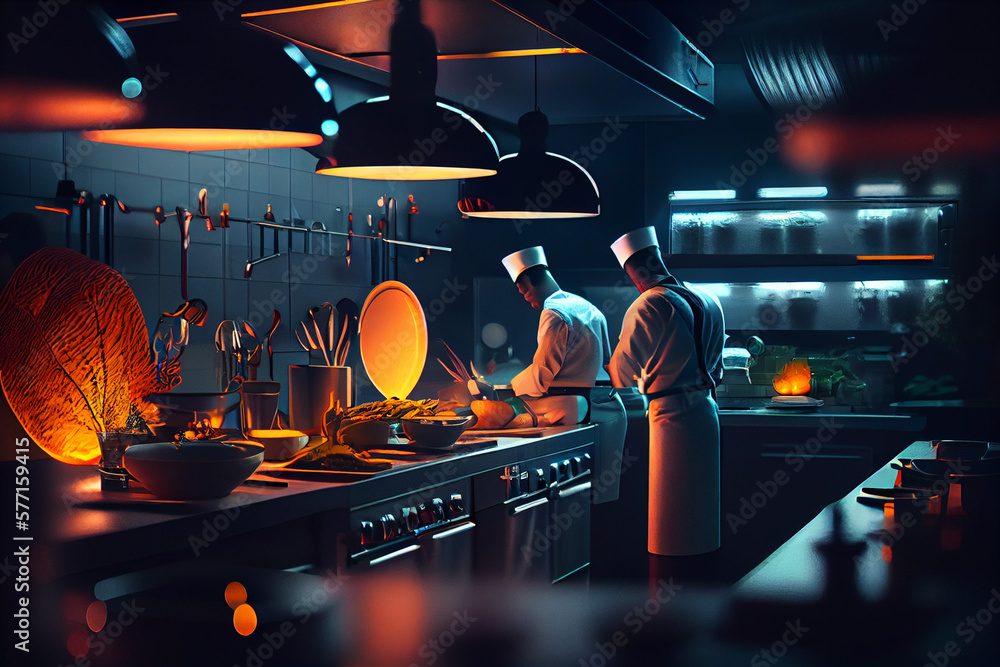 Professional kitchen with chefs cooking, restaurant kitchen with ...