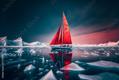 Sailing yacht with red sail between ice frozen iceberg Arctic with green northern lights or Aurora borealis. Generation AI