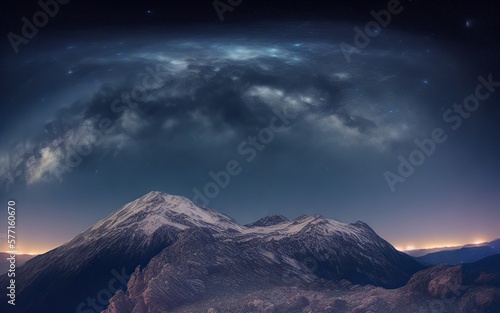 AI generation, of a large mountain in a night sky with a view of the edge of the milky way