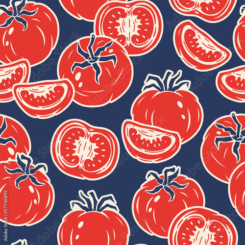 Vector Tomato Seamless pattern. Slice of tomato. Red Tomatoes. Fresh Vegetables. Food Background. Great for food Wrapping Paper or Packaging