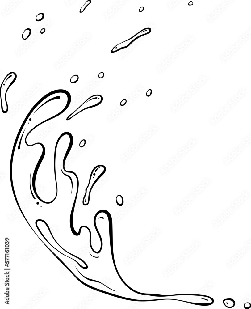 Splashes of water or paint. Spray of fluid. Vector illustration in hand drawn sketch doodle style. Line art liquid with drops isolated on white. Splash water motion Splashes of water or paint. Spray of fluid. Vector illustration in hand drawn sketch doodle style. Line art liquid with drops isolated on white. Splash water motion