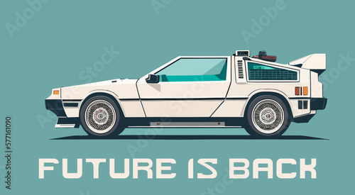 Retro futuristic car against muted turquoise background with text "FUTURE IS BACK". Cyberpunk concept. Synthwave poster. Retro future wallpaper. Vector illustration. EPS 10.