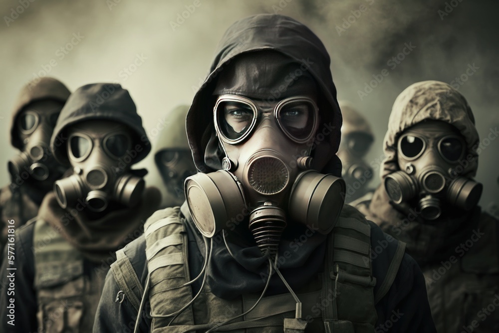 A group of soldiers in gas masks. Nuclear war A group of soldiers in gas masks. Nuclear war
