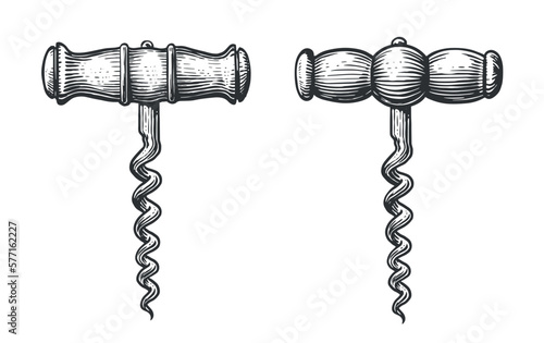 Corkscrew for wine bottle. Wine concept sketch. Black vintage engraved vector illustration isolated on white background