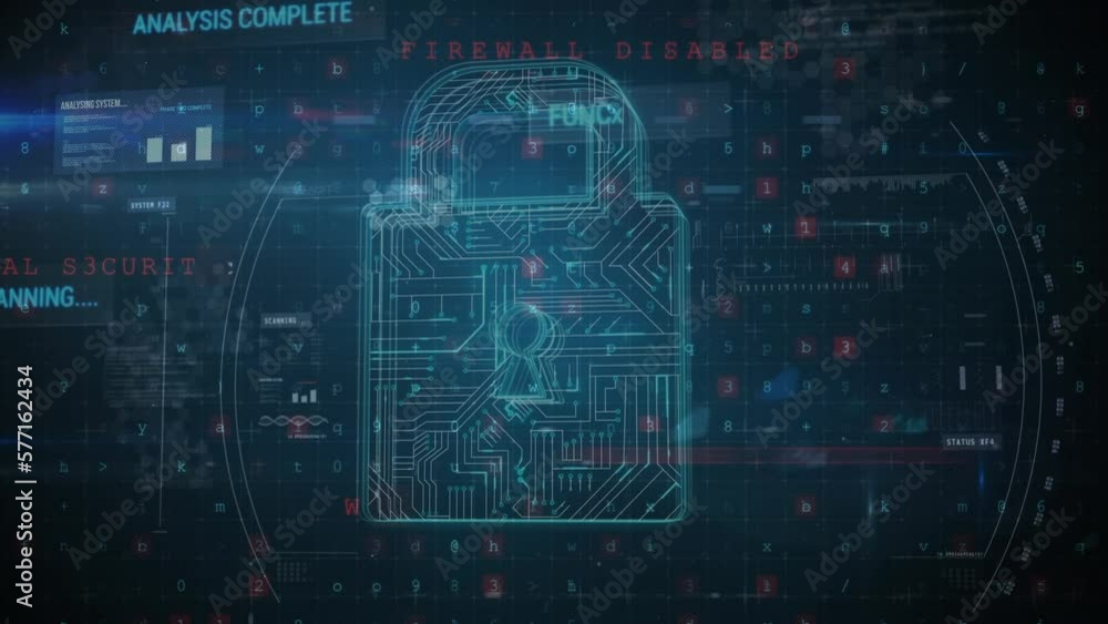 Animation of scanning, malware and warning over numbers and digital padlock Animation of scanning, malware and warning over numbers and digital padlock