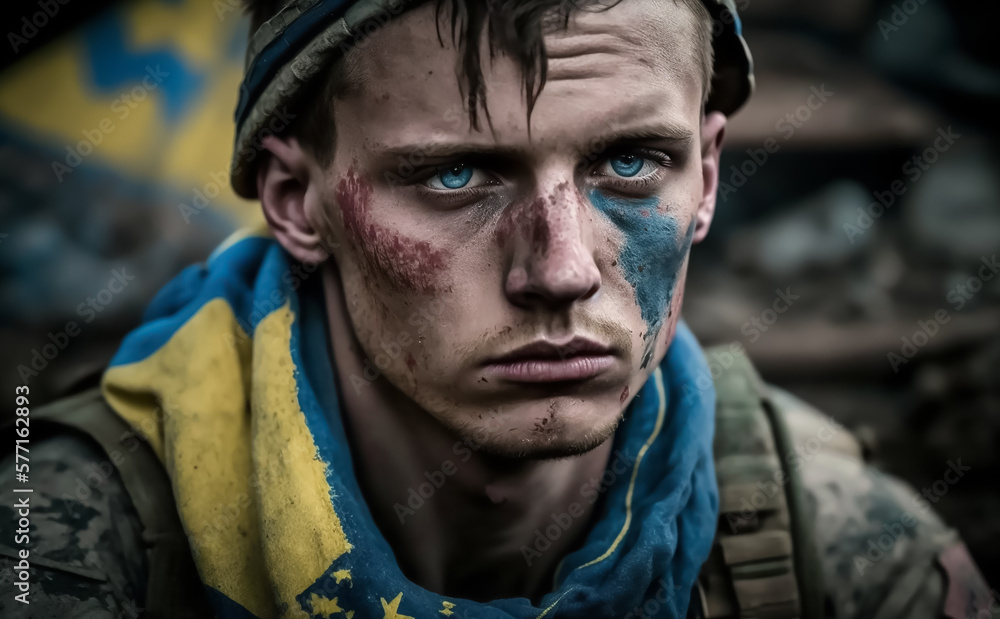 Portrait of a Ukrainian Soldier, wearing the national colors of Ukraine. Looking tired, dirty and bloody. Shallow focus. Illustrative Generative AI. Not a real person.