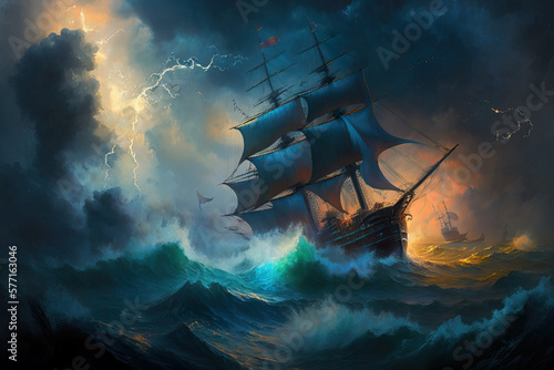 Vászonkép Raging Storm: A Pirate Ship's Treacherous Journey through Lightning  Generative