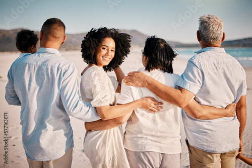Love hug, beach portrait and family walking, bond or enjoy quality time together for vacation, holiday peace or freedom. Ocean sea, summer travel or back view of relax people in Rio de Janeiro