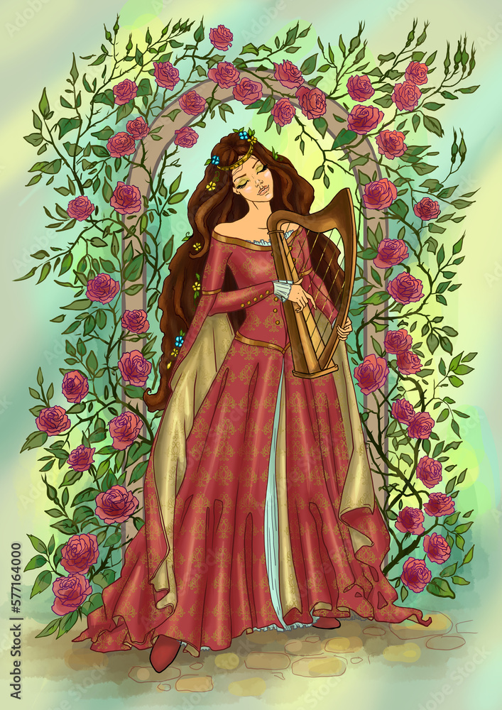Portrait of a girl in full growth with a musical instrument harp in an old red dress. High quality illustration
