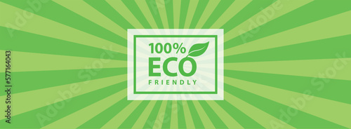 Green banner rays, eco friendly label, lines burst backgroud