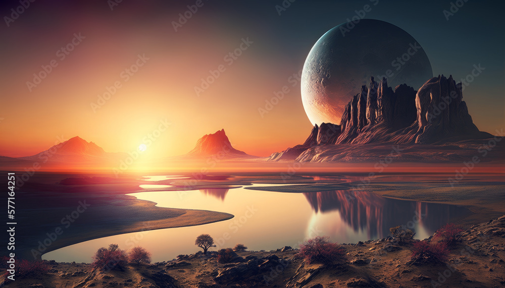 Obraz premium Alien Planet - Generative AI Artwork. Rocks and lake
