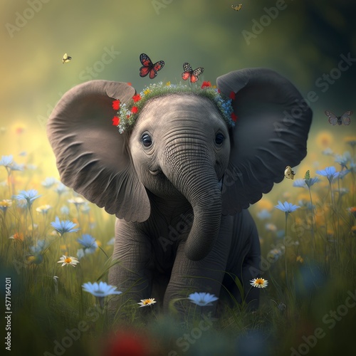 Elephant baby in the meadow with flowers and butterflies, Generative AI