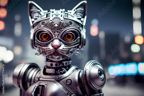 Cyberpunk Cat closeup portrait | Cyborg Feline posing for the camera | Robot Kitten from the Future | Stylized High Quality Generative AI