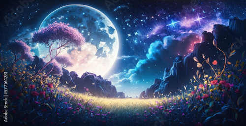 Fantasy landscape with fantasy forest and full moon. Generative AI