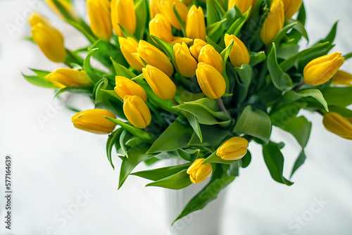 Bouquet of yellow tulips on a light background 