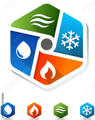 HVAC, Heating, ventilating, air conditioning, Water supply for HVAC or Climate Control Hexagon Logo icons buttons symbols.
