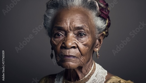 Beautiful studio portrait of a senior black woman looking at the camera. generative AI © Adriana