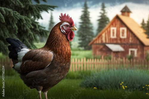 Rural scene with peaceful grazing chicken and blurred farm houses in the background. Beautiful natural image that conveys a sense of tranquility and a traditional way of life. Generative AI. 