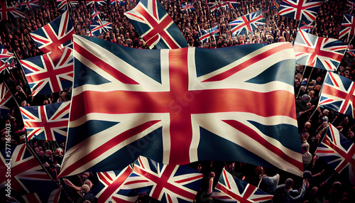 Union Jack flags and crowds outdoors photo