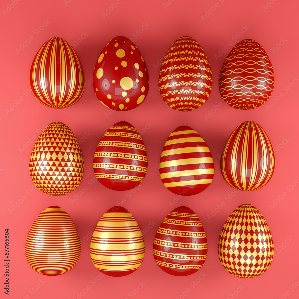3d render of 12 red and gold easter eggs on red background. - Vacation background