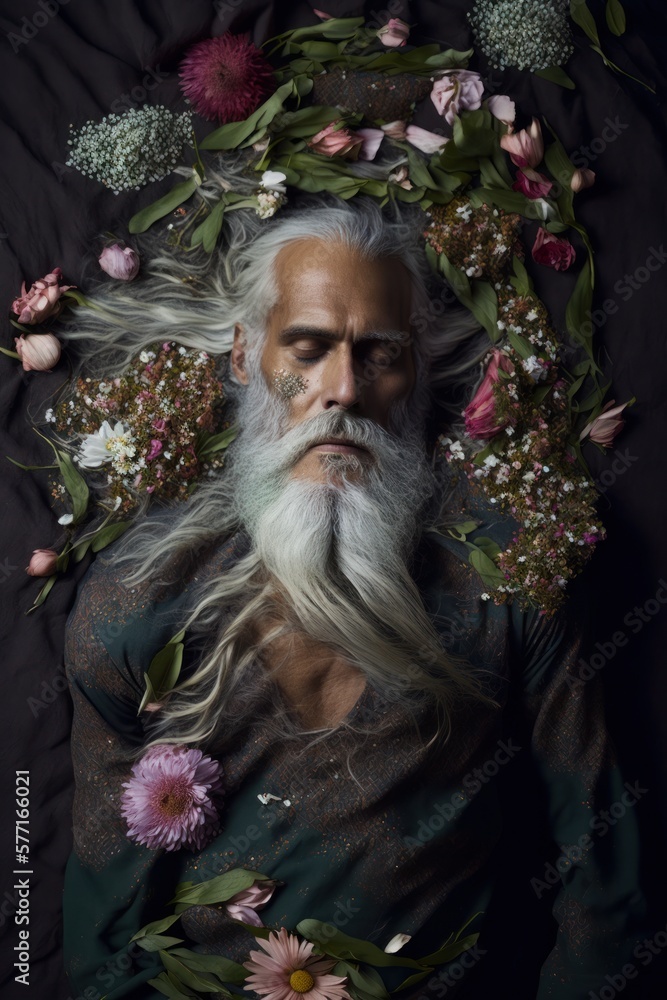 Overhead portrait of bearded man lying down with eyes closed surrounded by flowers. Generative AI.