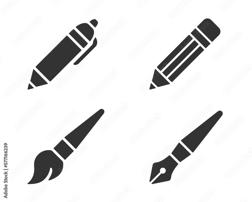 Pen and pencil icon set. Flat vector illustration. Isolated on white background. Pen and pencil icon set. Flat vector illustration. Isolated on white background.