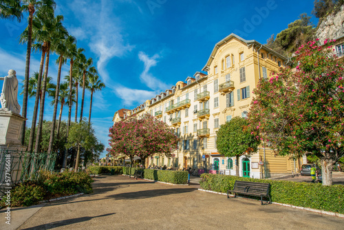 Amazing oleander trees with red blossoms, Statue of Charles Felix de Savoie and tall palm trees