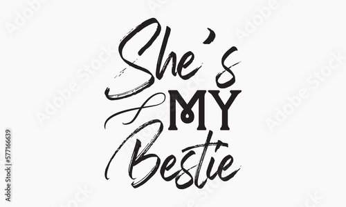 She’s my bestie - fishing Hand-drawn lettering phrase, SVG t-shirt design. Ocean animal with spots and curved tail blue badge, Vector files EPS 10. photo