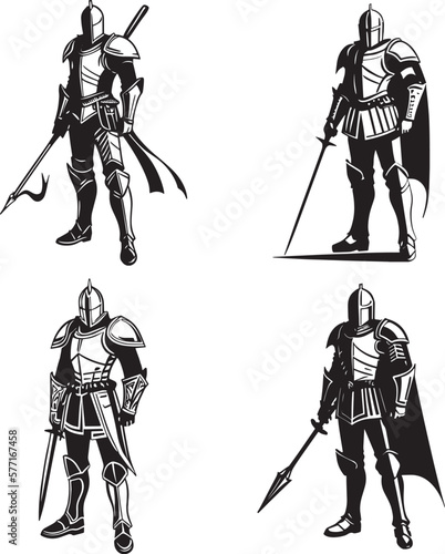 a set of medieval warriors. black and white silhouettes of people for coloring. historical hobby