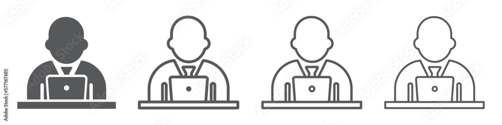Set of businessmans with laptop or computer, icon. Person working on a computer or laptop. Vector illustration.