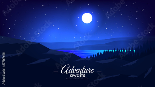 Vector illustration, flat style design. Beautiful starry sky with moon. Night landscape illustration. Hills with river and forest. Design for banner, wallpaper, poster, invitation. 