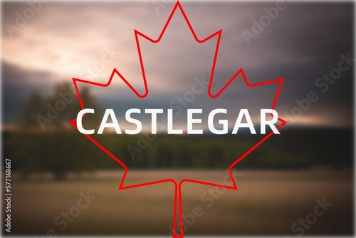 Castlegar: Der Name der kanadischen Stadt Castlegar in der Provinz British Columbia vor einem Foto mit dem kanadischen Ahornblatt photo