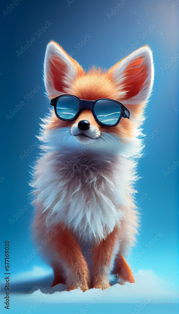 Illustration of a Cool and Cute Baby Fox Cub Wearing Sunglasses with Sunlight Glistening Around, Against a Pastel Blue Background - Perfect for Art, Wall Decor and Commercial Use. Generative AI.