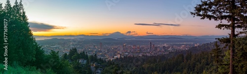 Portland, Oregon, USA skyline panorama at dawn with Mt. Hood in the distance at dawn.