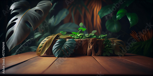 Jungle and wooden table background created with,Generative AI