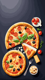 Pizza with a top view with various ingredients.