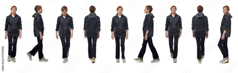 line of various poses of a group of same woman with sportswear walking on white background line of various poses of a group of same woman with sportswear walking on white background