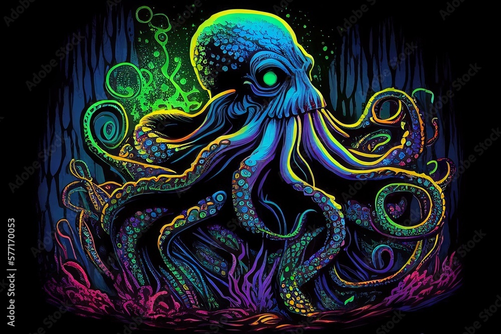 Chuthulu sea monster blacklight poster style illustration, neon UV groovy funky bright weird tentacle monster for posters apparel fashion design (generative AI, AI)