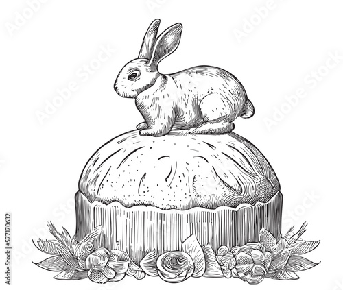 Rabbit on the Easter cake sketch drawn with a hand in Dudl style vector illustration of Easter