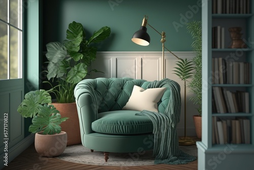 A cozy reading nook design in Biscay Green featuring a plush armchair and a floor lamp, surrounded by leafy indoor plants. Generative ai