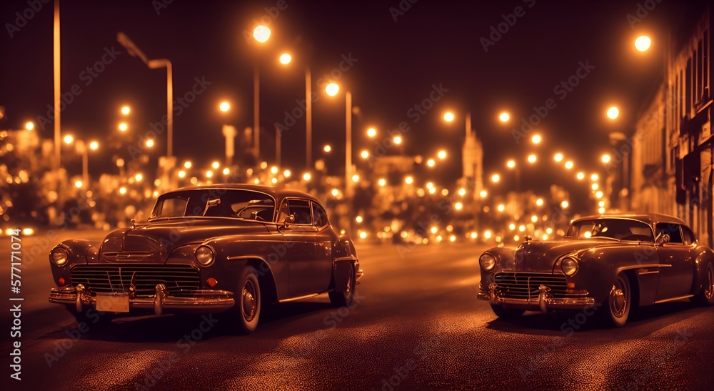 Image of Classic car at night, Mysterious, romantic, glamorous, DSLR, Fast prime lens, Nighttime, Night photography, Color negative film. Generated by AI