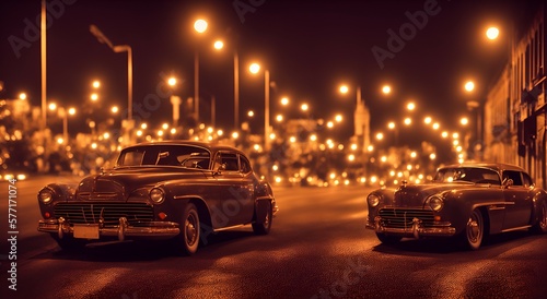 Image of Classic car at night  Mysterious  romantic  glamorous  DSLR  Fast prime lens  Nighttime  Night photography  Color negative film. Generated by AI