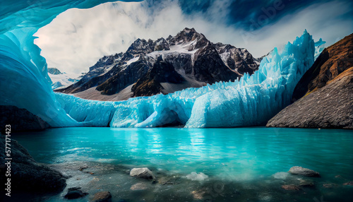 A photo of a majestic glacier, with turquoise-blue water flowing from its base generated by AI photo